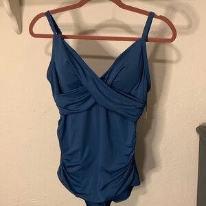 Jantzen 1 Piece Swimsuit, 10, Blue, V-neck, front overlay & side Russing… NWT Si